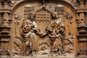 Basilika von St. Denis, Chorgestühl der Goillon-Kapelle (Anfang des 16. Jahrhunderts), Darstellung der Hochzeit von Maria und Joseph, Saint-Denis, Frankreich von Unbekannt