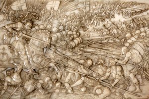 Basilika von St. Denis, Grab von Franz I. König von Frankreich und Claude von Frankreich, Fundamentrelief, Darstellung der Schlacht von Marignano 1515 - der siegreiche Eingriff von Franz I., Saint-Denis, Frankreich von Unbekannt