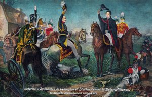 Schlacht von Waterloo: Wellington und Blücher treffen sich 1815 (Druck) von Unbekannter Künstler
