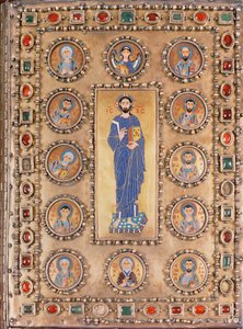 Buchdeckel mit Darstellung von Christus, der segnet, mit Rundbildern von Heiligen