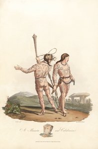 Britische Antike (vorrömische Zeit, vor dem 1. Jahrhundert): Catini und kaledonische Bewohner (Schottland) der nördlichen Ebenen und Wälder Großbritanniens, mit Tätowierungen bedeckt - Forte Wasser von Robert Havell (1793-1878) nach einer Illustration von 