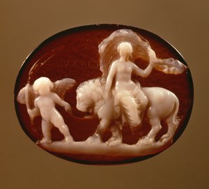 Kamee der Venus, die auf einem von Amor geführten Löwen sitzt
