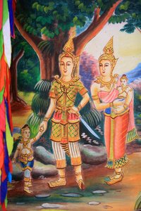Deckenmalerei, die das Leben Buddhas darstellt. Wat Si Sou Mang Karam Tempel. Vieng Vang, Laos von Unbekannt
