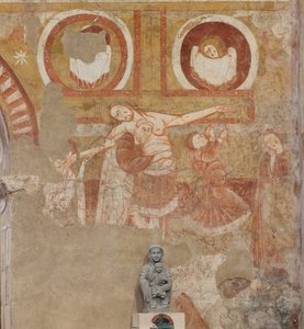 Kirche (Église Saint-Martin). Innenraum. Wandmalereien (Fresko). Westwand des Kirchenschiffs. Detail. Kreuzabnahme. 12. Jahrhundert. von Unbekannt