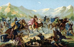 Chlodwig I. (466-511), König der Franken, während der Schlacht von Tolbiac im Jahr 496 gegen den germanischen Stamm der Alemannen, gelobte im Falle eines Sieges die Konversion. Ende des 19. Jahrhunderts (Chromolithographie) von Unbekannter Künstler