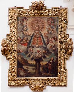 Kollegiatskirche. Innenraum. Gemälde. (Nuestra Señora de la Esperanza). Text in einem Medaillon: „RETRA TOD LA MIL CROSA Imajen DNUESTRA S DL Esperanza A Parecida A Fernando de ZILLLa Faňa iezi rodela Villa Riue mde el Tajo ter mi?to esta villa“. Signiert 