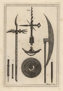 Konkaves Rundel 1,2, Streitaxt 3,4, Stangenwaffe 5,6 und kuriose alte Waffe, die von den Engländern gegen die Schotten verwendet wurde 7,8 von Unbekannt