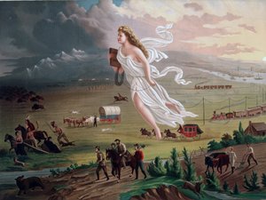 Konzept des Manifest Destiny: Allegorische weibliche Figur, die ein elektrisches Telegrafenkabel trägt, führt amerikanische Pioniere und Eisenbahnen westwärts, während sich Indianer und Büffel zurückziehen. Chromolithographie um 1873.
