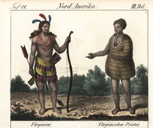 Kostüm der Powhatan-Indianer von Virginia (USA): ein Krieger und ein Priester von Secota. Lithografie für das Buch: „Galerie complète en tableaux fidèles des peuples d