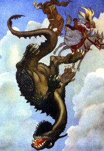 Paar kämpft gegen einen Drachen, ca. 1910 (Illustration)