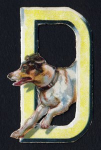 D wie Hund. Käfer-Decoupis zum Thema Tiere. Gravur. Serie von 26 Waffel-Chromolithographien englischen Ursprungs. Herausgeber und Illustrator unbekannt. Ende des 19. Jahrhunderts.
