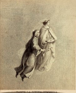 Dante und Beatrice fliegen durch das Firmament des Paradieses. Illustration des Canto I von Paradiso aus der Göttlichen Komödie von Dante Alighieri. Werk von Francesco Scaramuzza, gewidmet der Gemeinde Florenz.
