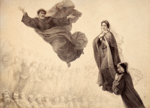 Dante und Beatrice treffen St. Peter. Illustration von Canto XXIV in Paradiso der Göttlichen Komödie von Dante Alighieri. Werk von Francesco Scaramuzza, gewidmet der Gemeinde Florenz. von Unbekannter Künstler