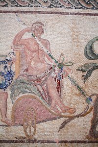 (Detail) Der Triumph des Dionysos - Rückkehr des Gottes von einem Feldzug nach Indien - Dionysos sitzt auf einem von zwei Panthern gezogenen Wagen - Paphos-Mosaiken, Haus des Dionysos, Ende des 2. Jahrhunderts n. Chr. - Zypern von William M. Timlin