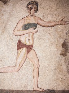 Detail der Kammer der Zehn Jungfrauen oder das Mosaik der „Bikini-Mädchen“. Laufend. 3. - 4. Jahrhundert. Römische Villa del Casale, Sizilien. UNESCO-Stätte. von Unbekannt