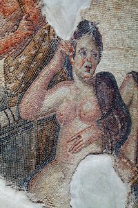 Detail des Panels, das Leda, Königin von Sparta, in Begleitung der lakedämonischen Mädchen zeigt, die im Begriff sind, ein Bad im Eurotas-Fluss zu nehmen - Sie wird von Zeus in Gestalt eines Schwans angesprochen - Paphos-Mosaiken, Haus des Aion, 3. Jahrhun von Unbekannter Künstler