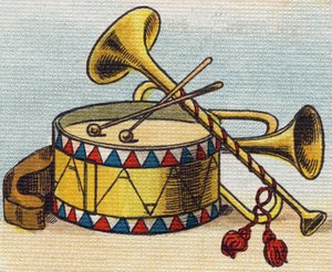 Trommel und Trompete. Gravur in "Alphabet de ma petite fille". Bernardin-Bechet und Fils, Buchhändler-Verleger, Paris, um 1895. Unzerbrechliches Album auf Leinwand. Bibliotheque des Bebes. 12 Seiten. Album mit einer Lesemethode und einem illustrierten Abec von Unbekannt