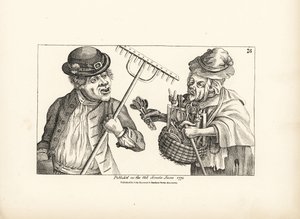 Betrunkener Bauer Jones kauft den gesamten Bestand an Holzwerkzeugen von der alten schielenden Nan. Kupferstich nach einer satirischen Illustration von Timothy Bobbin (John Collier) aus Human Passions Delineated, John Haywood, Manchester. von Unbekannter Künstler