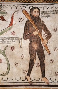 Ich bin ein wilder Mann von Natur, diejenigen, die mich beleidigen, werde ich in Angst versetzen, Fresko, Homo Salvadego Museum, Sacco, Cosio Valtellino, Lombardei, Italien
