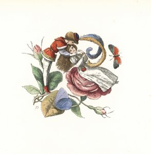 Elf flirtet mit einer Fee auf einer Rosenblüte. Handkolorierter Holzschnitt von Edmund Evans nach einer Illustration von Richard Doyle aus In Fairyland, einer Serie von Bildern aus der Elfenwelt, Longman, London