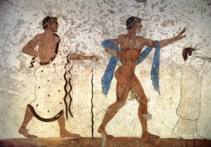 Ephebos-Jugend, gefolgt von einem Musiker und einem Zeremonienmeister, aus dem Grab des Tauchers, 480 v. Chr. (Wandmalerei) von Unbekannter Künstler