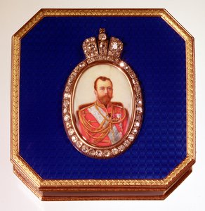 Fabergé-Blaue-Emaille-Box mit Porträt von Zar Nikolaus II.