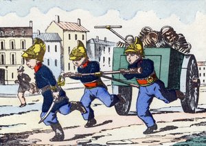 Feuerwehrleute. Gravur in "Alphabet militaire enfantin". Bildgebung von Pont-a-Mousson, um 1890. 20 Seiten. von Unbekannt