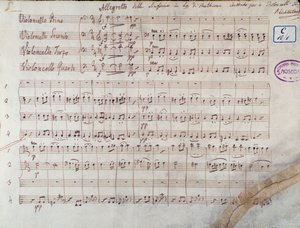 Erste Seite der Partitur für vier Celli der Symphonie Nr. 7 in A-Dur, op. 92, von Ludwig van Beethoven von Unbekannter Künstler