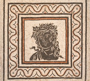 Bodenmosaik mit dem Bild einer Jahreszeit im Zentrum, drittes Jahrhundert n. Chr., Nationalmuseum von Rom (Museo Nazionale Romano), Rom, Italien