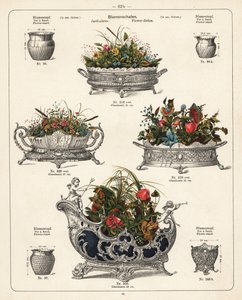 Blumenständer, Blumenschalen, Vasen und Jardinièren. Lithographie aus einem Katalog von Metallwaren der Württembergischen Metallwarenfabrik, Geislingen, Deutschland