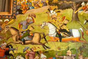 Fresko; Shah Ismail auf einem weißen Pferd in der Schlacht von Taher Abad; 1510; gegen die Usbeken in Merv; Chehel Sotoun; Vierzig-Säulen-Palast; Isfahan; Iran; Asien