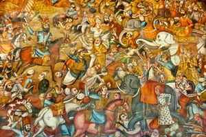 Fresko; Schlacht; Schlacht von Nadir Shah in der Schlacht von Karnal; 1739; auf einem Pferd; gegen Sultan Mohammed Shah Gurkani auf einem weißen Elefanten; Chehel Sotoun; Vierzig-Säulen-Palast; Isfahan; Iran; Asien
