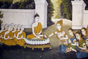 Fresko, das eine Szene aus dem Leben des Buddha darstellt, im Wat Phra Doi Suthep, Chiang Mai. Buddha empfängt Almosen. Thailand von Unbekannt