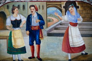 Galante Szene mit kostümierten Figuren, Holztafelmalerei, sizilianisches Kunsthandwerk, Sizilien, Italien, Detail
