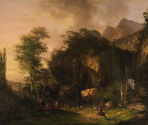Gebirgslandschaft mit kämpfenden Rittern