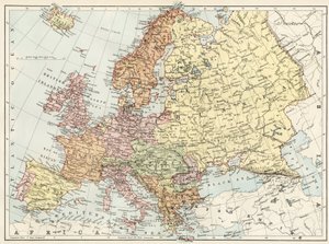 Geografische Karte Europas in den 1870er Jahren. Farbige Lithographie des 19. Jahrhunderts von Unbekannter Künstler