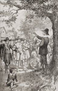 George Fox predigt 1671 einer Menge in Maryland, Amerika, während eines viertägigen Treffens lokaler Quäker. George Fox von Unbekannter Künstler