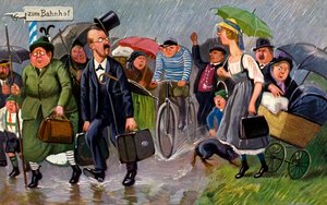 Deutsche Postkarte: Urlauber aus der Stadt