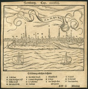 Deutschland, Hamburg, Blick auf die Stadt, im Vordergrund der Fluss Elbe, Illustration aus der Cosmographia von Sebastian Münster, ca. 1570 (Gravur) von Unbekannter Künstler