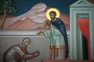 Griechisch-orthodoxe Ikone, die Christus vor Maria Magdalena darstellt. Thessaloniki, Griechenland von Unbekannt