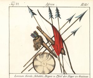 Guinee Conakry Waffen, Speere, Keulen, Bogen und Pfeile im Köcher, Schild. Lithographie aus dem Buch: „Galerie complète en tableaux fidèles des peuples d