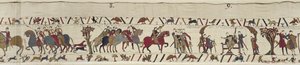 Guy von Ponthieu nimmt Harold als Gefangenen zur Burg Beaurain, Bayeux-Tapisserie von Unbekannt