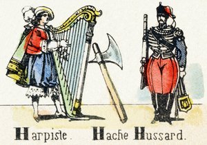 H - Harfenspieler Axt Husar - Alphabet - Kinderunterhaltung - Image Epinal, populäre Serie ca. 1890