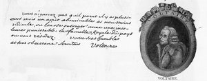 Handschrift und Unterschrift von Voltaire, aus einem Brief geschrieben in Colmar an den französischen Minister am Hof von Friedrich dem Großen in Berlin, den Chevalier de la Touche, 3. März von Unbekannt