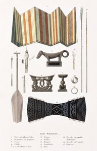 Harpunen, Kopfstützen und andere Gegenstände aus Waigiou, Indonesien