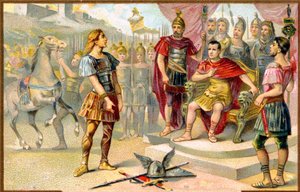 Geschichte. Altes Rom. Vercingetorix (Häuptling eines gallischen Stammes: die Averni) ergibt sich Julius Caesar in Alesia, 52 v. Chr. Bild, Frankreich, ca. 1900. von Unbekannter Künstler