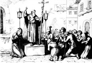 Geschichte des antiken Rom. Ein Mönch predigt den Menschen auf einem Platz in Rom. Bartolomeo Pinelli Gravur XIX Jahrhundert
