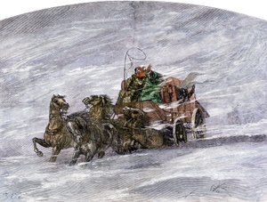 Geschichte der Siedler und der Eroberung des Westens: Amerikanische Pioniere. Kutsche in einer Wiese mitten im Schneesturm von Unbekannter Künstler