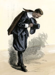 Geschichte der Siedler und der Eroberung des Westens: Amerikanische Pioniere. Neuengland-Puritaner, der den Kopf neigt. Kolorierte Gravur aus dem 19. Jahrhundert. von Unbekannter Künstler