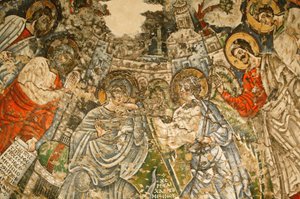 Heilige Jungfrau und Heiliger Johannes, Kame koptisches Kloster: 9. Jh. Fresko: Die Verkündigung. Maria ist umgeben von den Propheten Moses, Jesaja, Ezechiel und Daniel. von Unbekannt